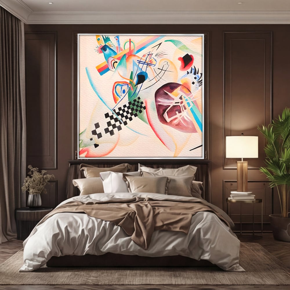 Tablou canvas cu pictura abstracta cu forme geometrice, in rama de aluminiu argintiu, pe perete intr-un dormitor